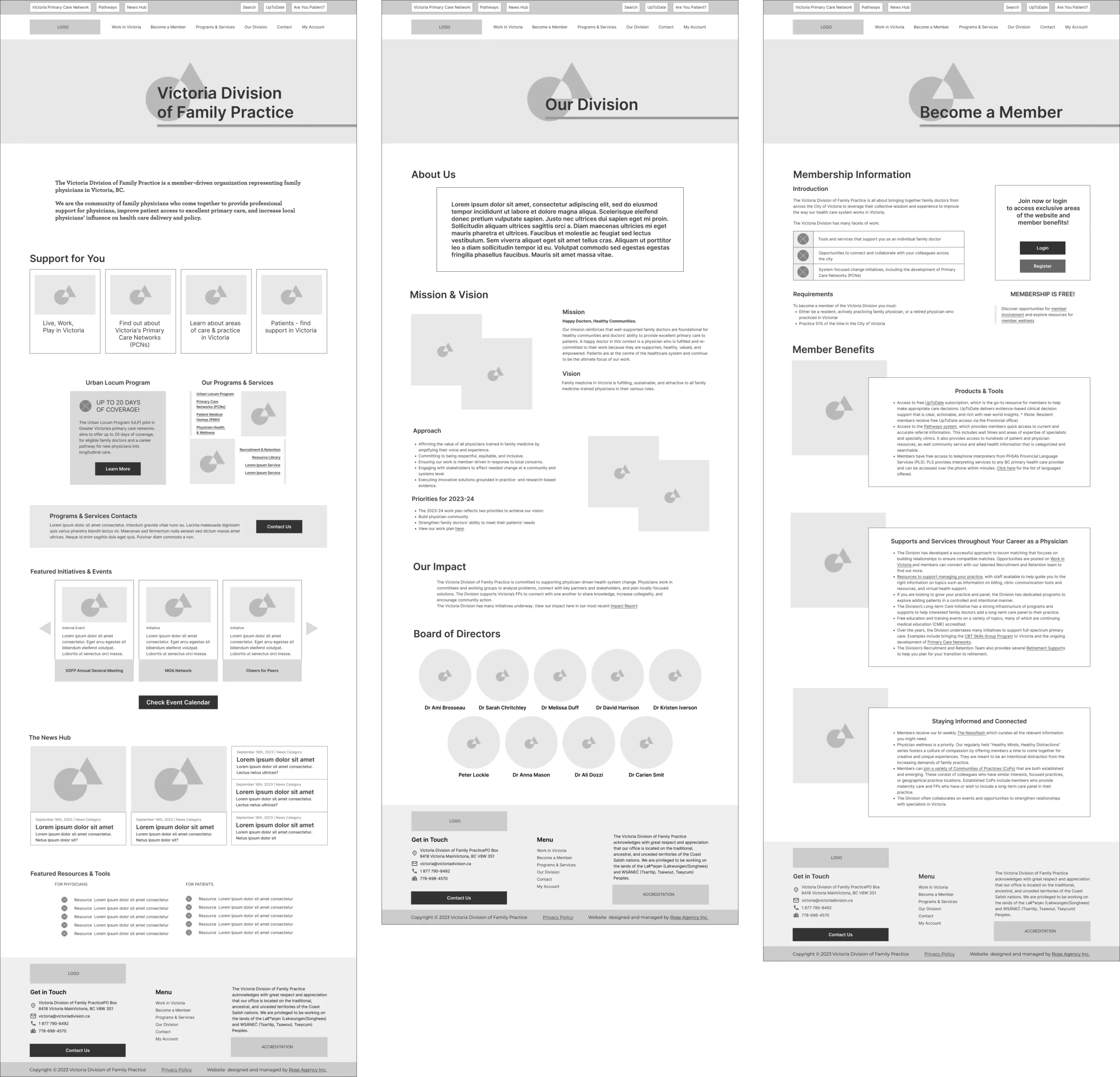 Wireframes - Home, Our Division and Become a Member