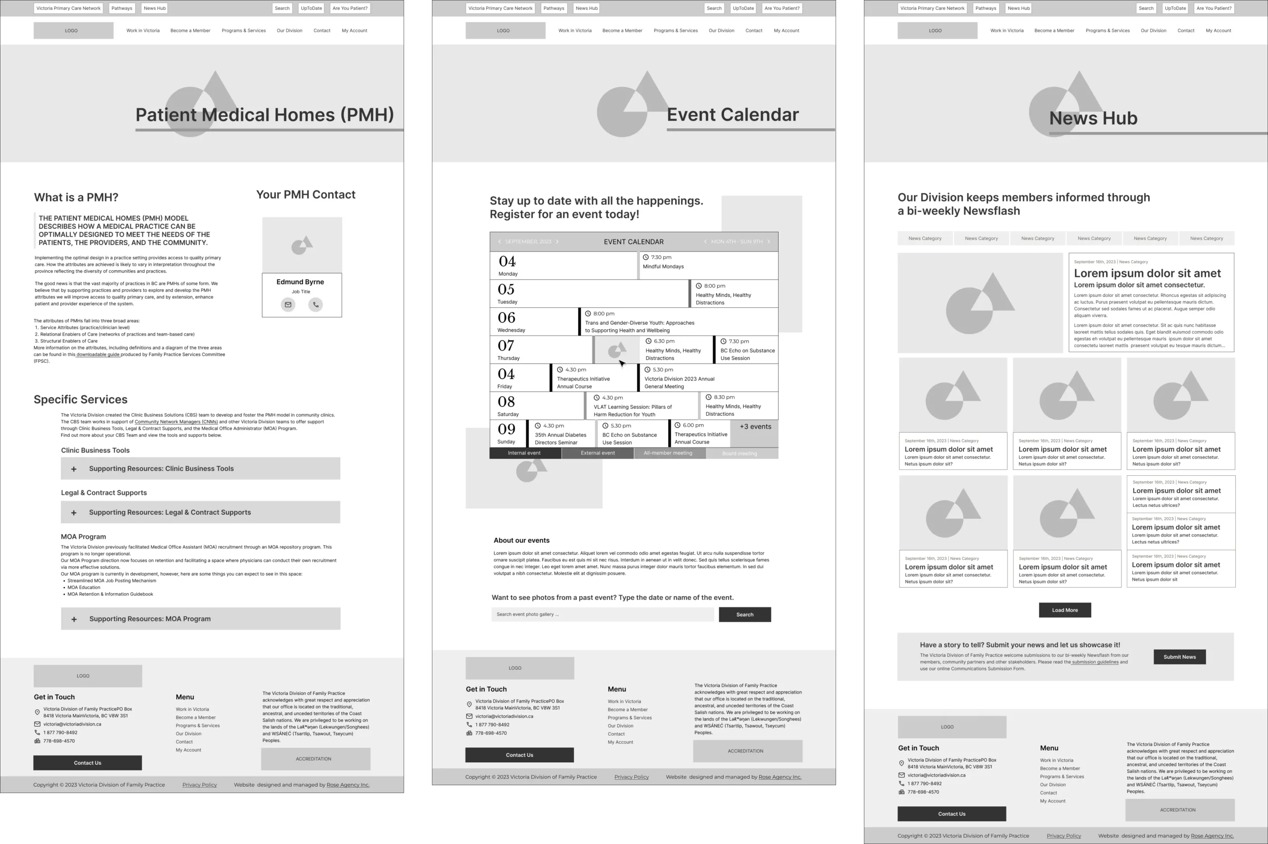 Wireframes Patient Medical Homes, Event Calendar and News Hub